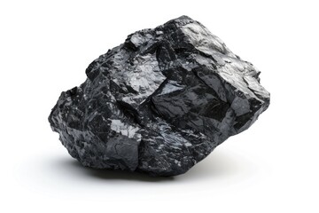 A small piece of black rock sits on a clean white surface, perfect for use in still life compositions or as a design element