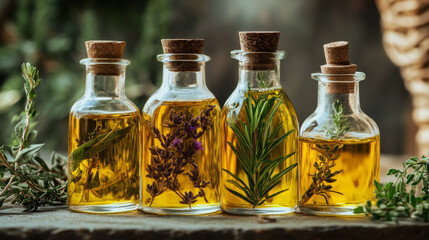 Natural hair oil made with herbs, packaged in a glass bottle.