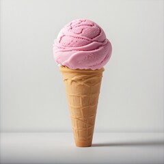 Pink soft serve ice cream in a cone on white background..