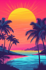Fototapeta premium beach with palm trees by the ocean at sunset, yellow, red, pink and purple colors, generative AI