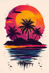 beach with palm trees by the ocean at sunset, yellow, red, pink and purple colors, generative AI