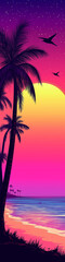 Obraz premium beach with palm trees by the ocean at sunset, yellow, red, pink and purple colors, generative AI