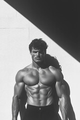 Fashion magazine concept. Portrait of handsome male model in a good physique shape wearing black pants and looking at camera. Deep graphic shadows. Studio shot