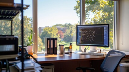 Fototapeta premium Laboratory Desk with Data Analysis on Laptop