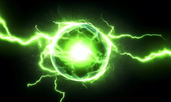 Spherical green neon energy or plasma ball with bright electric lightning streams and glowing effects on black background, VFX