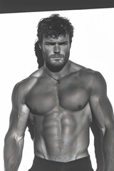 Fashion magazine concept. Portrait of handsome male model in a good physique shape wearing black pants and looking at camera. Deep graphic shadows. Studio shot