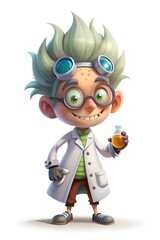 Naklejka premium A cheerful young scientist in a lab coat holds a flask, showcasing an inventive spirit with goggles and quirky hairstyle in a bright setting