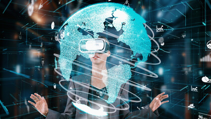 Woman looking around analyzed world finance data through VR glasses uploading turn around global interface digital infographic network technology virtual 3D reality animation at server. Contraption.