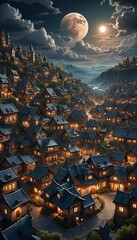 A picturesque village set under a full moon on a clear night, with warmly lit houses scattered across a hillside, creating a serene and magical ambience.