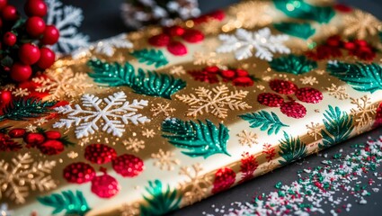 Festively Decorated Gift Wrap With Glittery Patterns and Holiday Embellishments on a Table