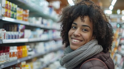 A happy woman shopping in a supermarket with a big smile on her face