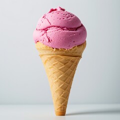 Pink soft serve ice cream in a cone on white background..