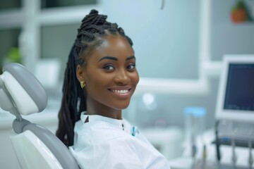 A patient sits comfortably in a dental chair, smiling at the camera with confidence and trust