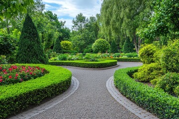 Obraz premium A Serene City Park Oasis: Lush Greenery, Winding Paths, and Vibrant Blooms.