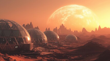 Space colony on Mars with biodomes, advanced rovers, and Earth in view