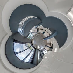 Fototapeta premium abstractly twisted into spherical 360 panorama interior of modern office with hall staircase and panoramic windows