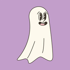 Retro smile ghost on purple background. Vector illustration for Halloween designs, fun decorations, and festive invitations