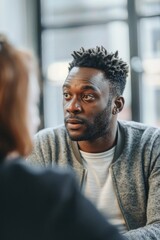 Obraz premium A person sits at a table conversing with someone, possibly discussing a topic or sharing information