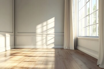Obraz premium Sunlight streaming through large windows in a bright, empty room with wooden floors. Generative AI