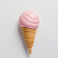 Pink soft serve ice cream in a cone on white background..