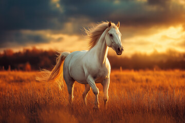 a beautiful white horse runs galloping across the meadow at sunset, wallpaper, genetative AI