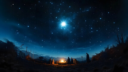 Nativity Sky: Celebrating the Birth of Jesus Christ in Bethlehem. A Beautiful Dark Blue Starry Sky with a Bright Star.