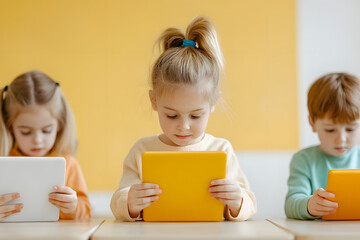 Children Using Tablets for Interactive Digital Learning | Modern Education and Technology in the Classroom