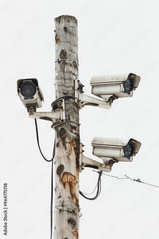 Poster A pole with multiple cameras attached, suitable for various photography and surveillance applications