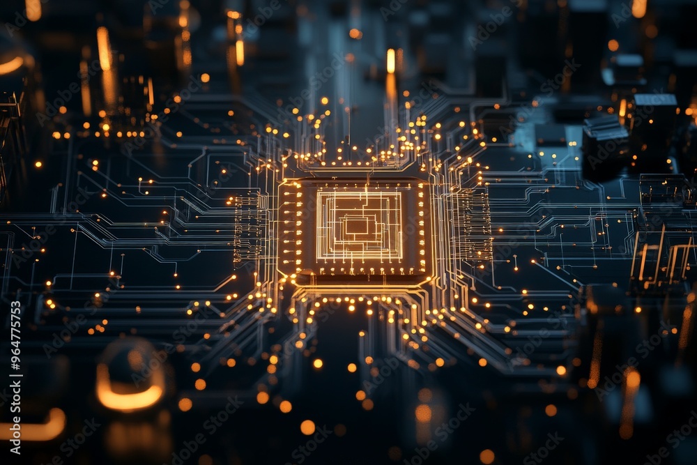 Poster an illuminated electronic circuit board featuring a central processor, showcasing the intricacy and 