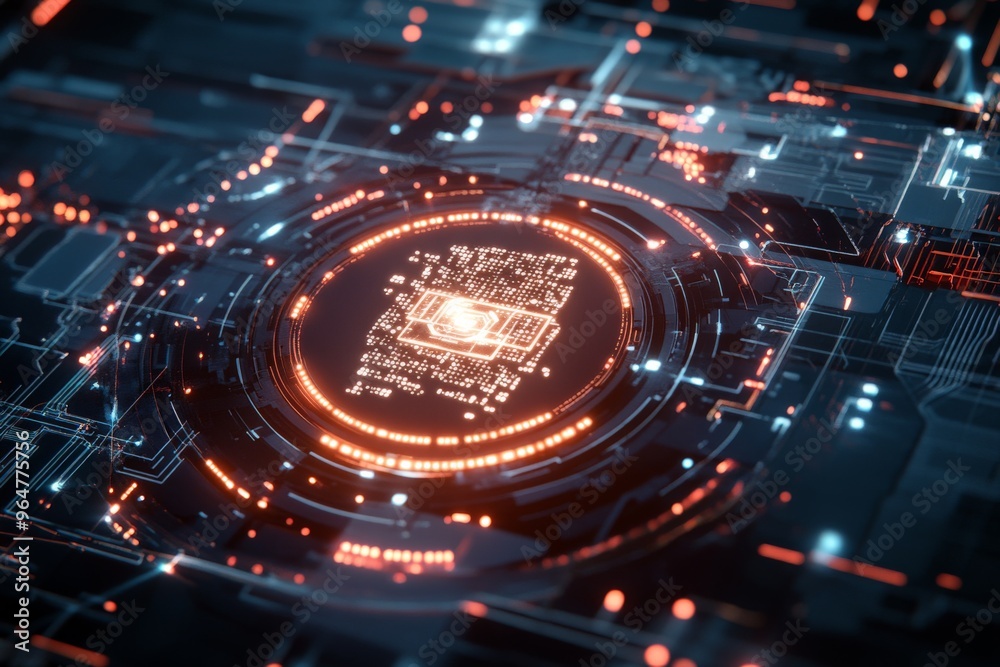 Poster a high-tech digital interface displaying glowing circuitry, symbolizing advanced technology and futu
