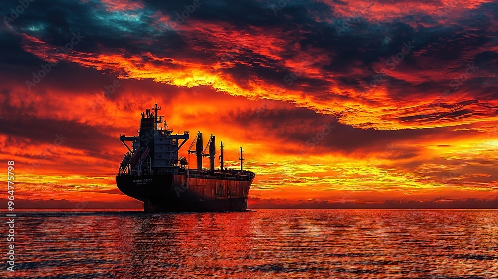 Poster  A large vessel bobbing atop a sizable expanse of H2O beneath a cloudy atmosphere, with a picturesque sunset illuminating the background