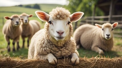 Obraz premium Farm animals, such as sheep, are adorable examples of farm animals.