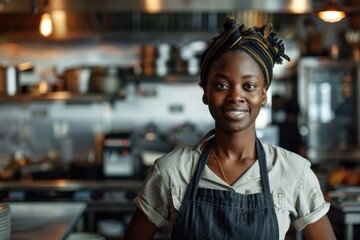Fototapeta premium A woman stands in a kitchen wearing an apron, ready to cook or prepare food