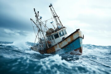 Fototapeta premium A weathered fishing boat navigates through tumultuous waters, battling large ocean waves under a stormy sky, representing resilience and the struggle against nature's forces.