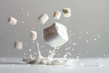 Sweet treats falling into a bowl of creamy milk