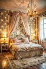 Dreamy retro bedroom with a large comforter adorned in warm fairy lights. Generative AI