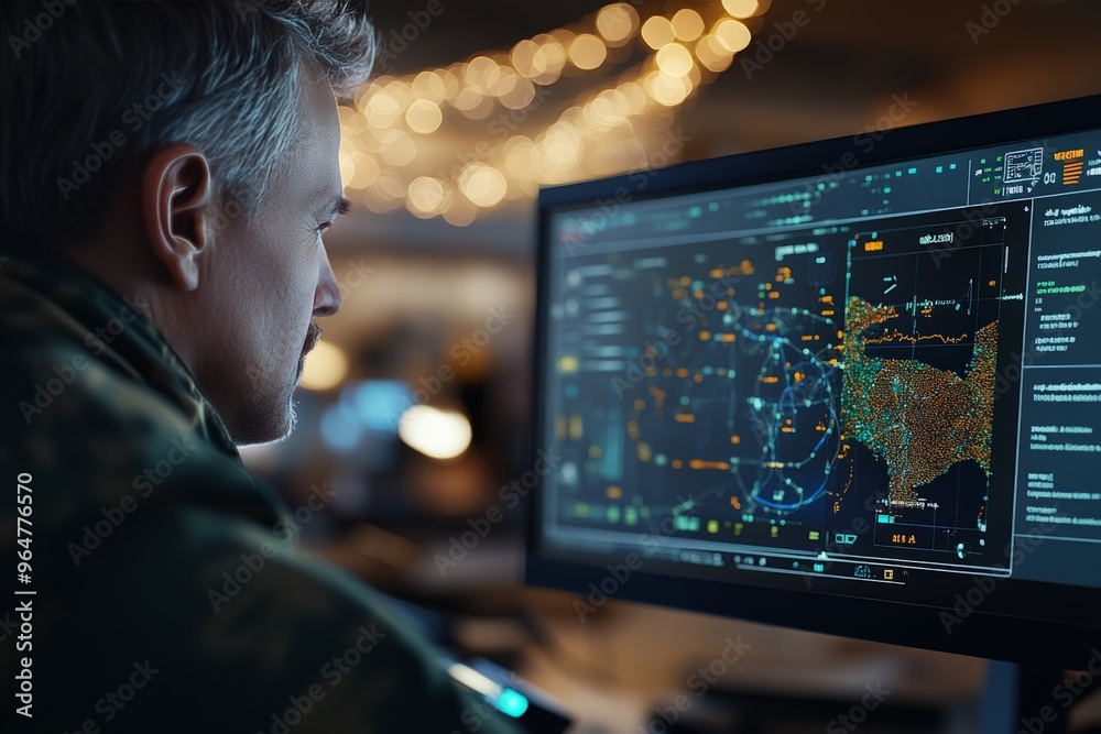 Poster a man is deeply engrossed in analyzing complex data on multiple computer monitors, set in a dimly li