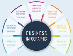 Business Infographic design 7 steps, objects, elements or options infographic business circle template