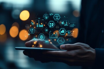 A person's hands holding a tablet with holographic digital icons and charts floating above, illustrating modern technology and data visualization in a city setting.
