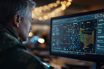A man is deeply engrossed in analyzing complex data on multiple computer monitors, set in a dimly lit room with string lights, reflecting the intensity and focus of data analysis.