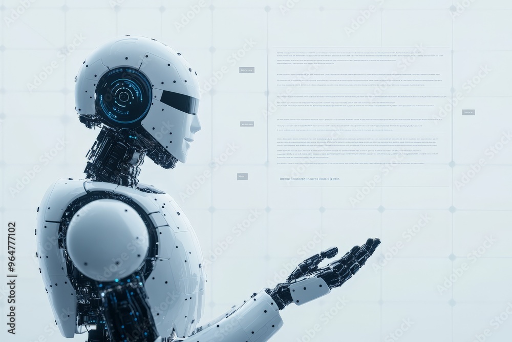 Poster this image showcases a futuristic robot with a sleek design, standing and interacting with a digital