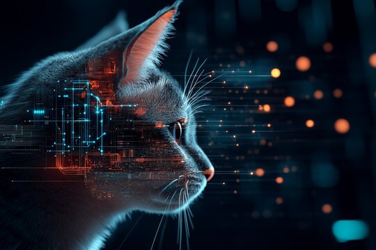 This captivating image portrays a cat's profile lit softly amidst a backdrop of futuristic circuitry, highlighting the blend of natural life with technological elements.