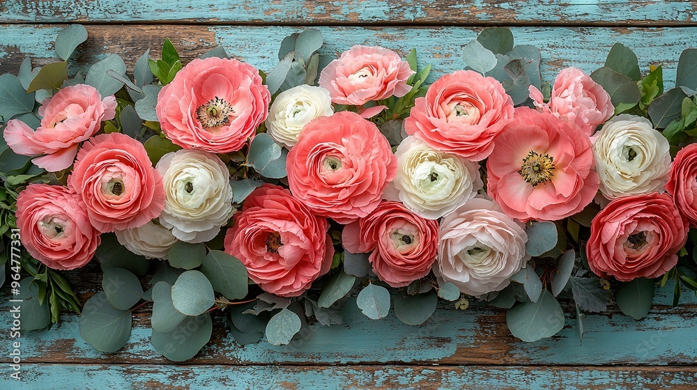 Poster a cluster of pink and white blooms resting atop a blue wooden stand alongside a lush green foliage p