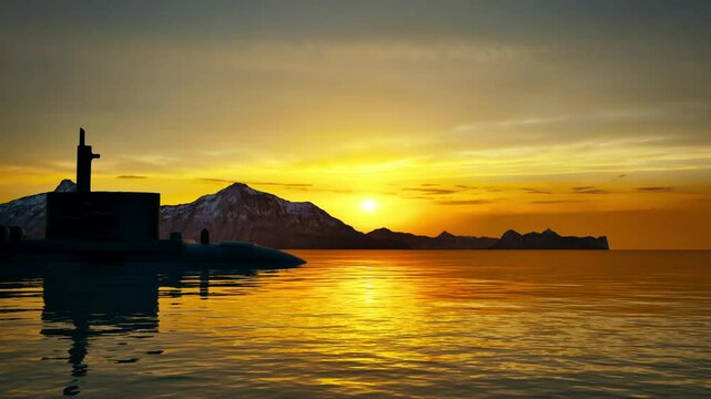 The silhouette of a submarine slowly submerging as it goes out to sea with the sun setting over the distant mountains.