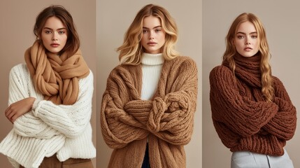 three women in cozy sweaters and oversized scarves, neutral tones. autumn fashion, warm knitwear background.
