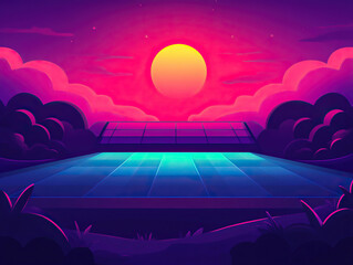 A vibrant digital landscape featuring a sunset over a serene sports field, surrounded by lush vegetation and colorful clouds.