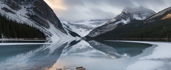 Snowy Rocky Mountains Reflecting on Lake Louise in Soft Morning Light