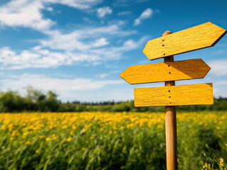 A vibrant yellow signpost stands in a lush green field under a bright blue sky, offering direction and inspiration.