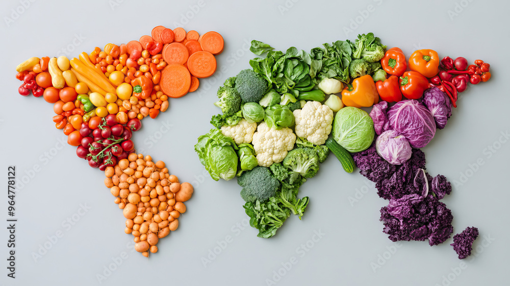 Wall mural Colorful arrangement of fresh vegetables shaped like a world map, promoting healthy eating and nutrition globally.