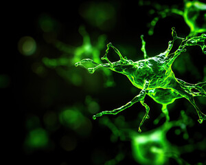 Close-up view of a vibrant green microorganism against a dark background, depicting cellular structures and biological processes.